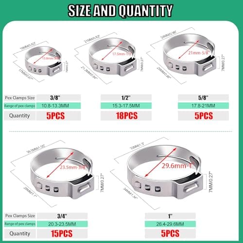 Twidec/48PCS 3/8",1/2",3/4",5/8",1" PEX Cinch Clamps Kit 5 size,Stainless Steel Pex Crimp Rings,Single Ear Hose Clamps For Pex Pipe Fitting Connections N-058-48PCS — view 2