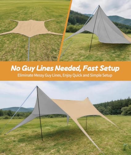 WADEO Camping Tarp Shelter with Poles, Waterproof Heavy Duty Bushcraft Tarp, Rain Fly Hammock Cover, Outdoor Shelter for Camping, Hiking, Festival (New Khaki - 3x4.5m) — view 2