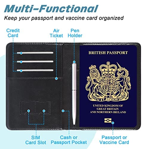 DMLuna Passport Holder, Premium PU Leather Travel Passport Wallet RFID Blocking Passport Cover Case Travel Documents Organizer with Pen Holder, for Women and Men - Black — view 4