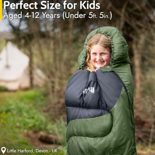 Trail Kids Sleeping Bag Mummy Shape 3 Season Camping 300gsm Boys Girls with Lightweight Rucksack Bag (Khaki) — view 2