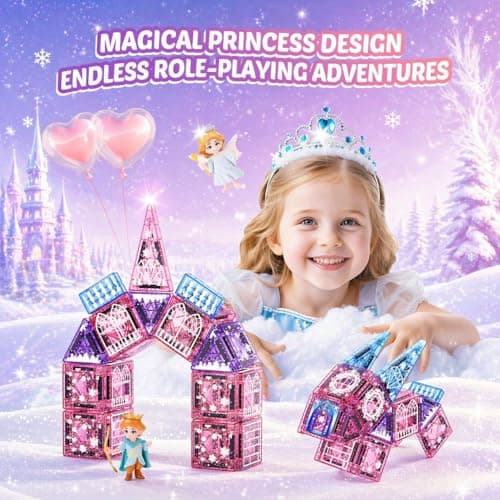 Travel Magnetic Tiles for Kids 43 Pcs, Mini Magnatiles Travel Set Magnet Toys for 3 4 5 6 Year Old Girls Toddler Plane Activities Games Magnetic Blocks Building Birthday Gifts for Girl Princess — view 2