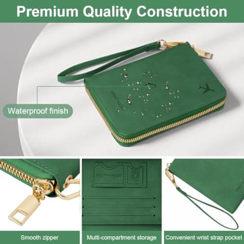 AOOSU Travel Wallet, Family Passport Holder, RFID Blocking Travel Accessories Document Organiser, Travels Document Holder for Tickets Waterproof Cover Holiday Essentials Case for Man & Woman Green — view 3