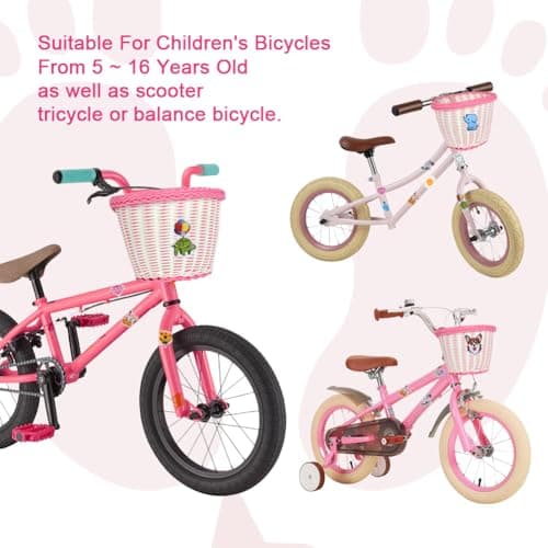 Flintronic Kids Bike Basket Handwoven Cycle Basket for Kids, Bicycle Basket For Girls Boys Childs, with Bike Accessories - Pink&White — view 5