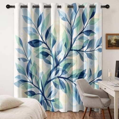 Light Blue Mint Green Botanicals Eyelet Blackout Curtains Bedroom — view 4