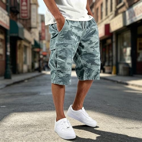 Camo Cargo Shorts for Men Fashion Elasticated Waist Multi Pockets Mens Combat Cargo Shorts Regular Fit Knee Length Shorts Summer Casual Printed Outdoor Hiking Walking Short Pant (Sky Blue-E, S) — view 2