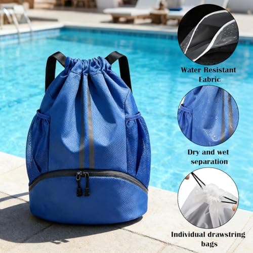 PE Drawstring Bags, Waterproof Unisex Swimming Sports Gym Blue Backpack — view 5