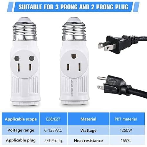 Akfldms for Lamp Socket to Plug Adapter 2 Pcs, E26 Light Socket to 3 Prong Outlet Converter in Type — view 4