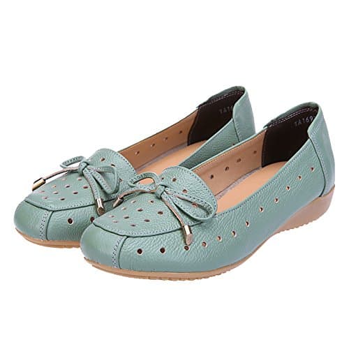 Jamron Women Genuine Leather Comfort Shoes Soft Sole Ballerinas Low Wedge Heel Slippers Hollowed Out Turquoise SN020628-2 UK6 — view 3
