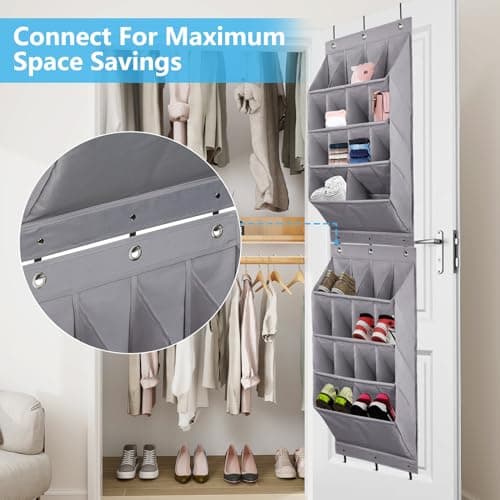 FENTEC Over Door Shoe Storage, Door Shoe Organizer 14 Pockets, Hanging Shoe Storage Organiser Back of Door Shoe Rack, Sturdy 600D Oxford Fabric with 3 Hooks for Space Saving, Heavy Duty, Grey — view 5