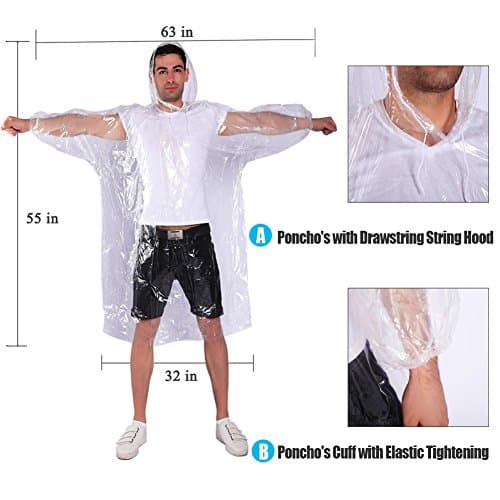 COOY Rain Ponchos Drawstring Hood 10 Pack Emergency Disposable Rain Ponchos Family Pack Adults,Fit Men Women, Perfect Disneyland,Clear — view 2