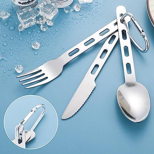 Fuyamp 3Pcs Camping Cutlery Set with Portable Pouch Case, Stainless Steel Flatware Camping Utensils Set for Knife, Fork and Spoon Set with Carabiner for Travel Hiking Picnic Office School — view 4