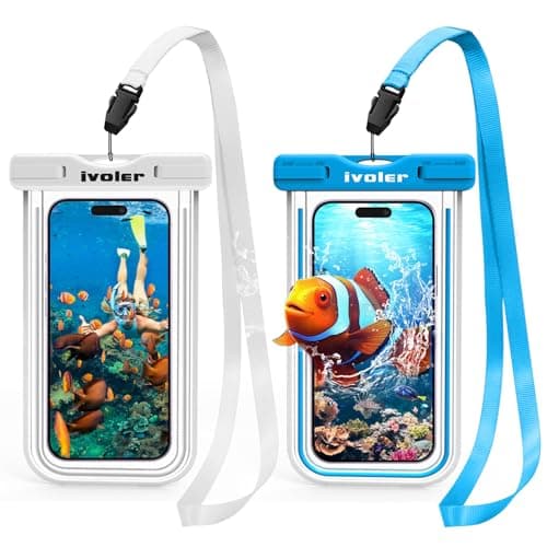 ivoler 2-Pack Waterproof Phone Pouches, IPX8 Universal Fluorescent Design Underwater Dry Bags for Swimming for iPhone 17/16/15 Pro Max, Samsung S26 Ultra (Up to 7")- White+Blue