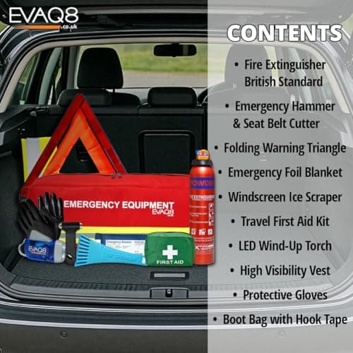 EVAQ8 Car Emergency & Breakdown Safety Kit with Fire Extinguisher – Roadside Car Safety Kit with First Aid, Warning Triangle, Hi Vis Vest, Torch & Carry Bag — view 3