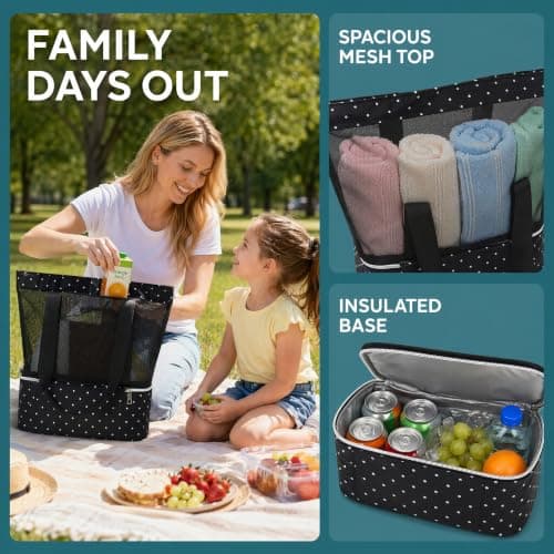 DINSAGE Large Mesh Beach Bag with Zip and Cooler for Women and Men, Sandproof Waterproof Foldable Tote, Extra Large Capacity Beach Bags for Women, Ideal for Beach, Pool, Travel, Picnic and Daily Use — view 2