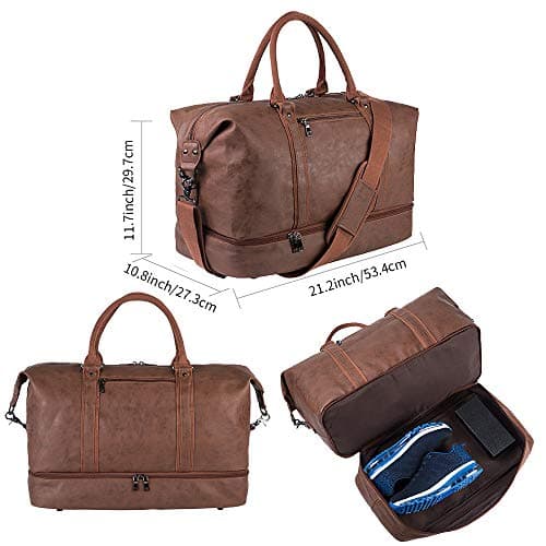 Travel Bag with Shoe Pouch,Weekender Overnight Bag Waterproof PU Leather Large Carry On Bag Travel Tote Duffel Bag for Men or Women,Brown — view 2