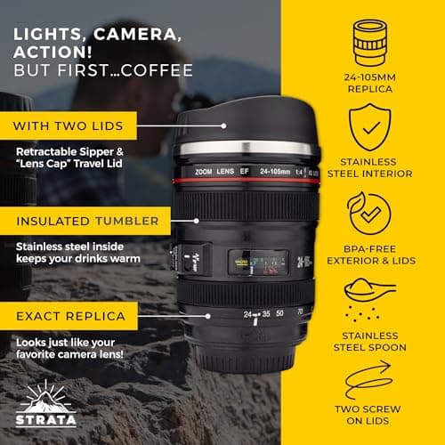 STRATA CUPS Camera Lens Coffee Mug -13.5oz | (2 LIDS + Spoon + Bag) Gift for Him, Dad Gifts, Photography, Camera Accessories, Novelty Gifts — view 5