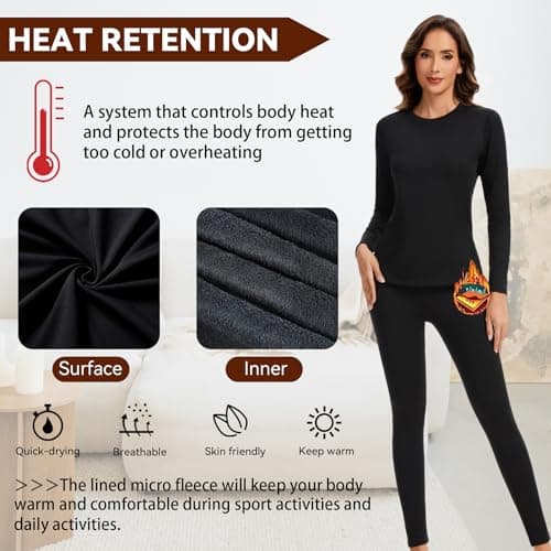 AMZSPORT Women's Thermal Underwear Set, Long Johns Fleece Base Layer, Winter Warm Long Sleeve Top & Soft Leggings for Ladies Black XL — view 2