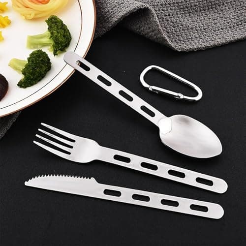 JYTDBCS 3Pcs Camping Cutlery Set Stainless Steel Flatware Travel Cutlery Set Tableware Kit for Knife, Fork and Spoon Set with Carabiner for Hiking Picnic, Office On-The-Go — view 4