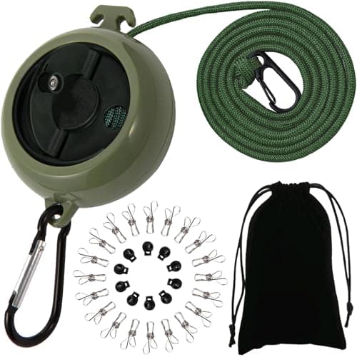 ZONSUSE Portable Travel Clothesline,Adjustable Camping Clothesline,10m Anti-Tangle Retractable Clothes Line,with 10 Fixed Buckles and 20 Clothespins, for Indoor Outdoor Balcony Garden Hotel (Green-A)
