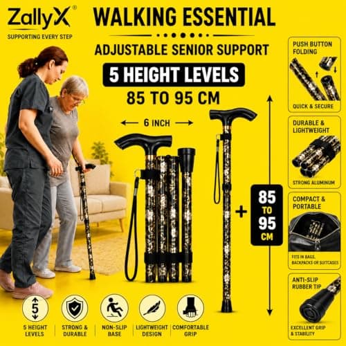 ZallyX Foldable Walking Sticks for Men & Women, 85–95cm Adjustable Ladies Walking Stick, Mobility aids, Collapsible walking stick For Elderly Adults (Black Flower) — view 5