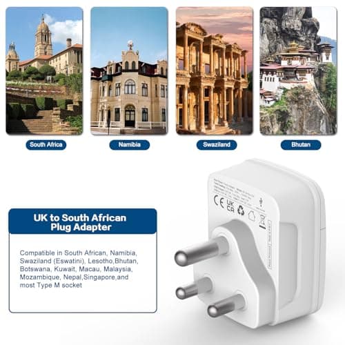 Amoi UK to South Africa Plug Adapter,Grounded Type M South Africa Plug Adapter, with 4 USB Ports 17W USB C Fast Travel Charger, Africa,Namibia, Swaziland, Lesotho, Bhutan,Botswana(Type M) — view 4