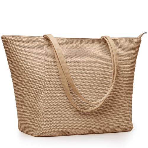 KALIDI Straw Beach Bag for Women Straw Tote Bag with Zip Large Handbag Summer Holiday Bag