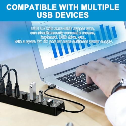 7 Port USB Hub 3.0, Multi USB Port Hub with Individual Power Switches and Led Indicators, High-Speed Multi Usb Port Splitter Adapter for PC, Laptop, Flash Drive, Keyboard, Mouse, Mobile, Usb Extender — view 6