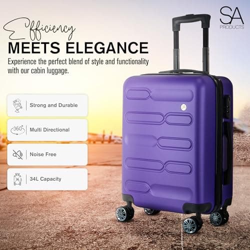 SA Products Cabin Suitcase | 34L Carry On Suitcase, Cabin Bag 55x40x20 with Combination Lock | Hard Shell Suitcase with 4 Wheels Cabin Luggage, Cabin Bags 55 x 40 x 20 Approved (Purple) — view 2