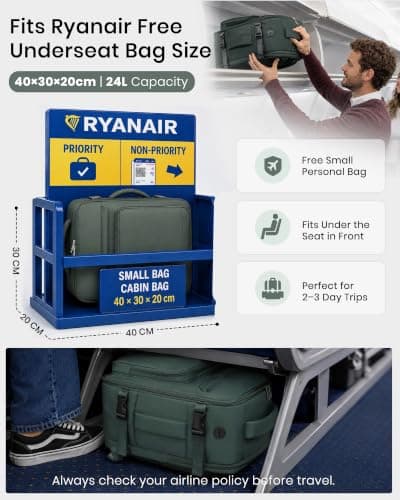 Kono Ryanair Cabin Bag 40x30x20, Underseat Travel Backpack, Green Classic — view 2
