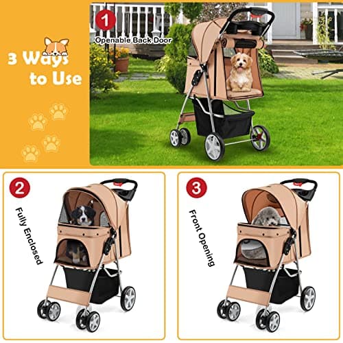 Maxmass Travel Pet Stroller, Foldable Small Medium Sized Dog Cat Trolley with Storage Basket, Safety Belt and Cup Holder, 4 Wheels Puppy Pushchair (Beige) — view 2