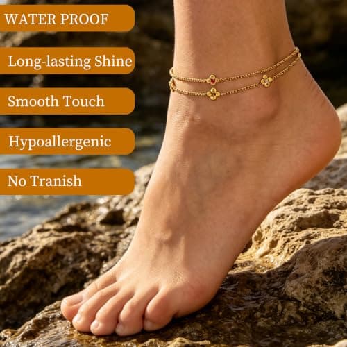 Kovonchy Ankle Bracelets for Women Four Flower Charms Stainless Steel Waterproof Dainty Layered Beach Summer Anklet Jewelry — view 4