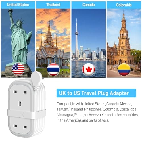 UK to US Plug Adapter with 1.5M Extension Cable, BEVA 2 Way 3 USB (2A+1C) Travel Adapter with Retractable USB C Cable for American, Thailand, Canada, Mexico, Type B — view 5