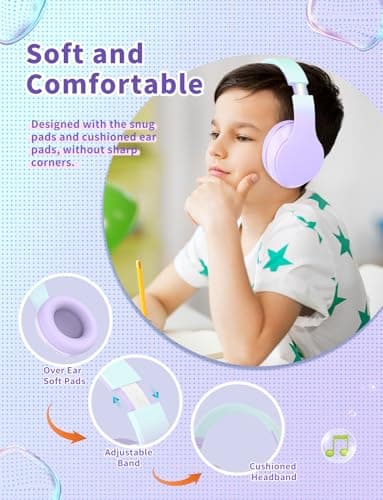 Kids Headphones, Wireless Kids Headphones Over Ear with Microphones, Stereo Sound, 10H Playtime, Foldable&Adjustable Children Headphones, Bluetooth 5.1 Headset for Adults, School, Travel (Purple) — view 3