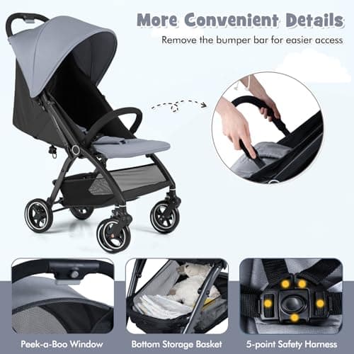 COSTWAY Baby Pushchair, One Hand Foldable Toddler Stroller with Adjustable Backrest & Canopy, 5-Point Harness, Storage Basket, Lightweight Travel Pram for Infants 0-36 Months (Light Grey) — view 5