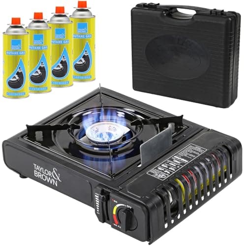 Taylor & Brown Black Portable Camping Stove with Cary Case & 4 Butane Gas | EN417 Compliant Premium Camping Stove Gas Portable | with Automatic Ignition & Heat Control