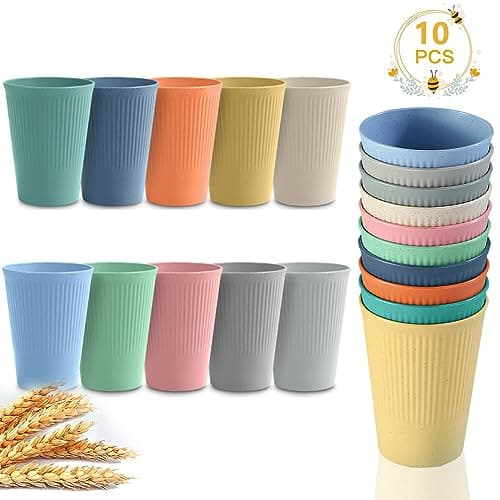 10 Colour Unbreakable Plastic Drinking Cups 350ml Reusable Tumblers Coffee Mug 10 Pack Stackable Beaker for Adults Kids Party Picnic BBQ Camping Cold Hot Drinks Microwave Dishwasher Fridge Safe