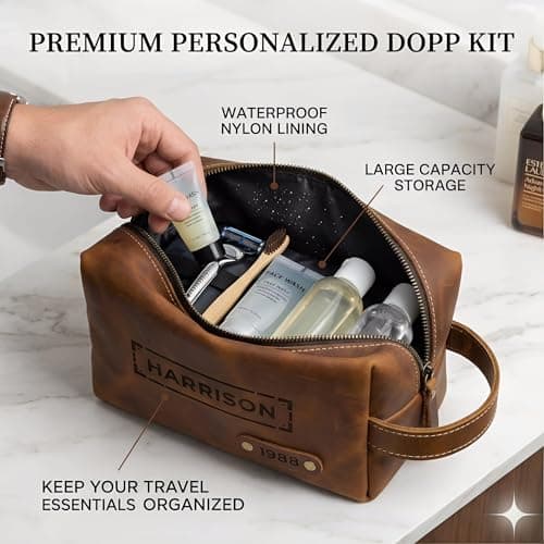 Mens Toiletry Bags Personalised Gifts for Men Genuine Leather Mens Wash Bag Dopp Kit with Custom Engraved Name or Initial – Travel Shaving Bag Gift for Xmas Birthday Anniversary (Brown) — view 5