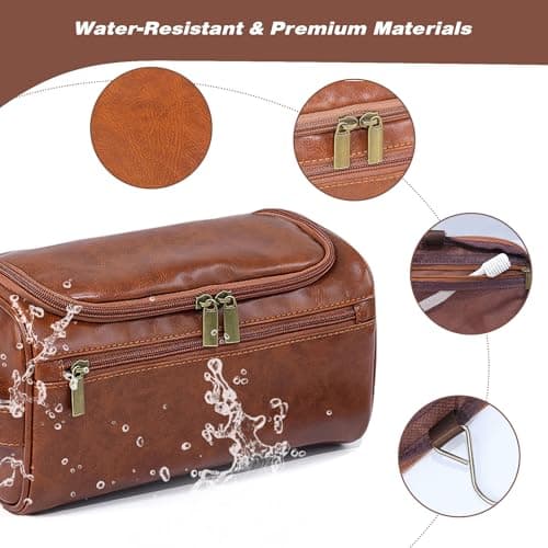 PU Leather Toiletry Bag for Men, Dark Brown Wash Bag for Travel, Gym & Shaving, Dry & Wet Separation with 3 Compartments - Perfect Men's Washbag (Brown) — view 3