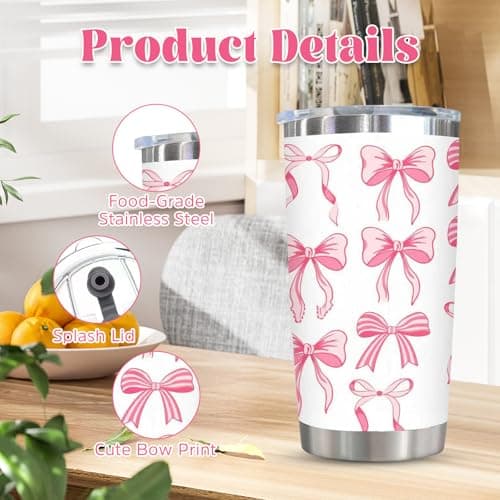 Bow Water Bottle, Stainless Steel Hot and Cold Water Bottle with Straw, Cute Thermos Travel Mug, Portable Coffee Cup for Office, Car, Bow Bottle Gift for Girls, Kids, Friends, 20 OZ — view 3
