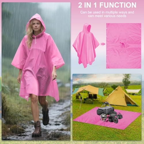Czyan 2 Pack Rain Ponchos for Adults Reusable,Thickened Portable EVA Waterproof Raincoats Survival Emergency Lightweight Duty Rain Coat with Drawstring Hood for Hiking Camping Fishing & Travel - Pink — view 3