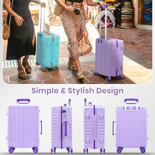 Tavoxda Carry on Suitcase PC Hard Shell Super Lightweight Small Travel Case Cabin Luggage with 4 Wheels TSA Lock for Women, 20" Purple — view 4
