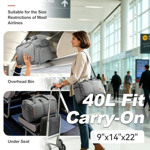 40L Foldable Duffle Bag, Water-Resistant Carry On Luggage for Travel, Airline Approved Underseat Cabin Bag & Gym Sports Bag with Shoe Compartment, Perfect Overnight, Weekend & Hospital Bag Grey — view 4
