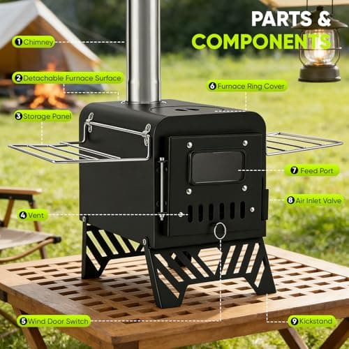 Foldable Hot Tent Stove with 5 Chimney Pipes, Viewing Window, Gloves & Poker - Portable Carbon Steel Wood Burning Camping Stove for Outdoor Cooking and Heating (20x30cm Folded) — view 4