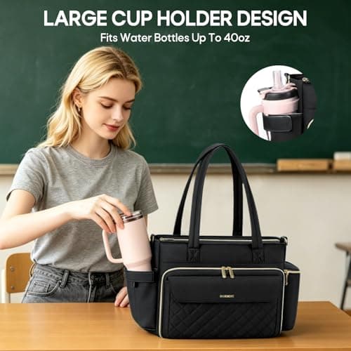 RAINSMORE Laptop Tote Bags for Women 15.6 Inch Teacher Work Bag, Black — view 3