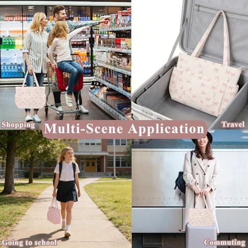 Pink Bow Tote Bags for Women, Large Capacity Beach Bag with 6 Pockets, Polyester Pink Tote Bag for Work and Commute, Lightweight Cute Handbag for Daily Use, Perfect for School, Office and Shopping — view 6