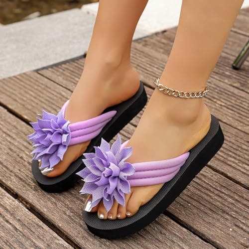Flower Flip Flops Women Beach Slippers Size 6.5 Boho Open Toe Slip on Flat Sandals Summer Comfortable Yoga Mat Thong Sandals for Pool, Travel Vacation Slippers Flower Purple Footwear Gift — view 2