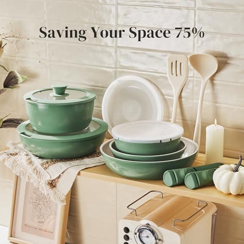 Redchef 16pcs Ceramic Pots and Pans Set Non Stick, Nonstick Cookware Set with Detachable Handle, PFAS PFOA & PTFE Free, RV Ceramic Cookware Set for Camping, Oven Safe (Green) — view 6