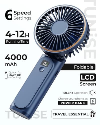TUNISE Portable Handheld Fan 4000mAh Mini Fan 6 Speed LED Display 180° Adjustable Navy Blue — view 2