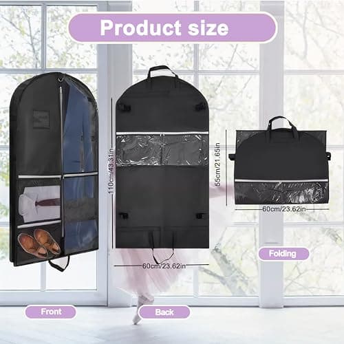Punklong 2 Pack 40" Kids Suit Bag Dance Costumes Bags with 3 Zipper Pockets,ID Slot and Clear Foldable Suit Cover for Kids Women Hanging Clothes for Travel Competitions,110×60cm (Black) — view 2