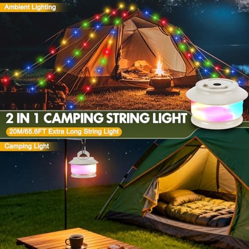 Camping String Lights, 20M/65.6FT String Storage Camping Lamp with 5 Lighting Modes USB Rechargeable Waterproof Multicolor Fairy Lights Reel Lanterns for Outdoor/Indoor/Yard/Tent/Festival Decorations — view 2
